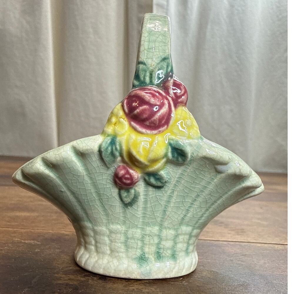 Vintage Small Ceramic Majolica Trinket Basket Toothpick Holder Made In Japan